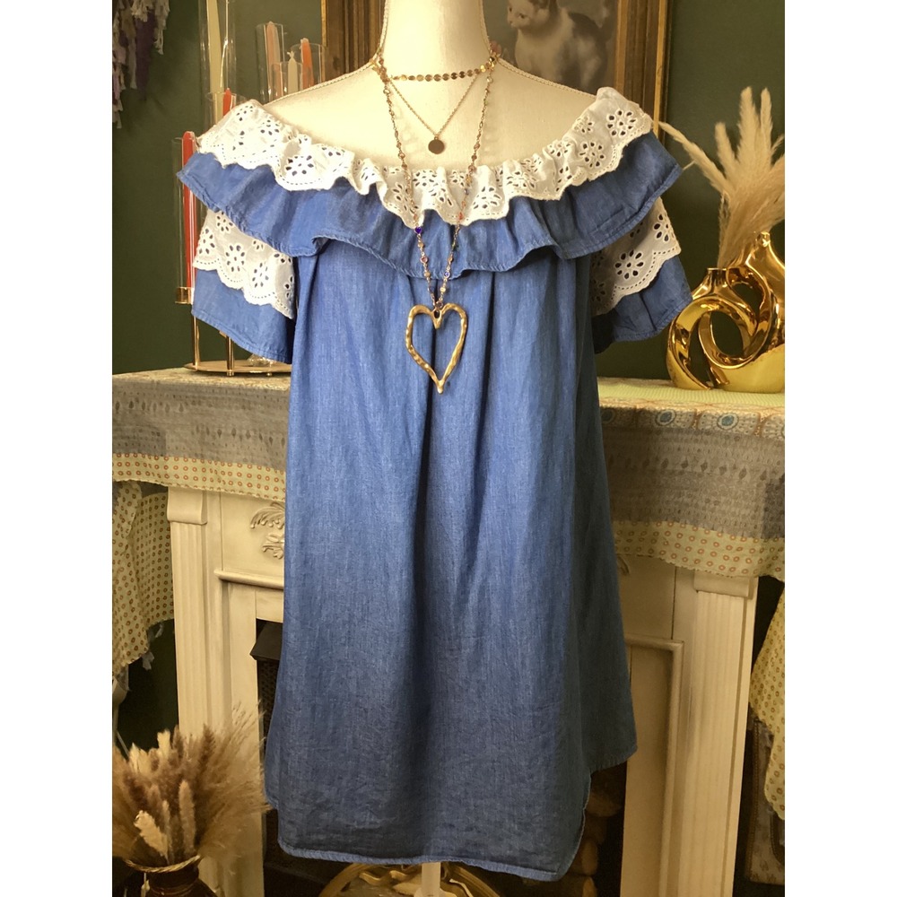 Entro‎ Blue Chambray Eyelet Lace Off The Shoulder Denim Dress Small Cotton D8101